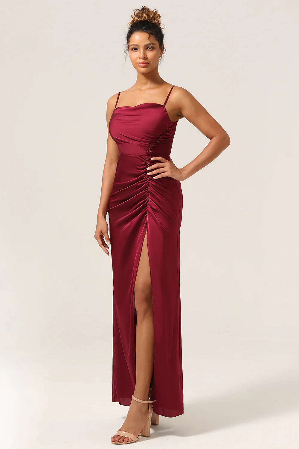 Tight fitting slim shoulder strap long bridesmaid dress with split front