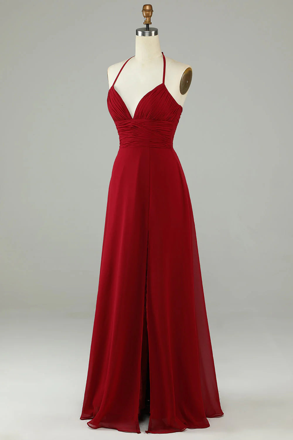 A-line deep V-strap chiffon long bridal dress with slit