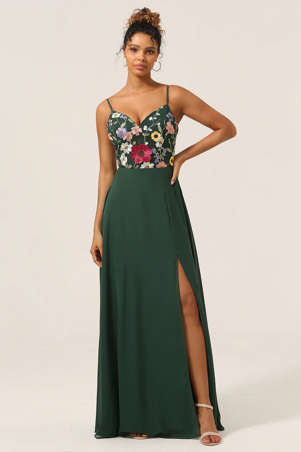 Deep green A-line slim shoulder chiffon bridesmaid dress with 3D flowers