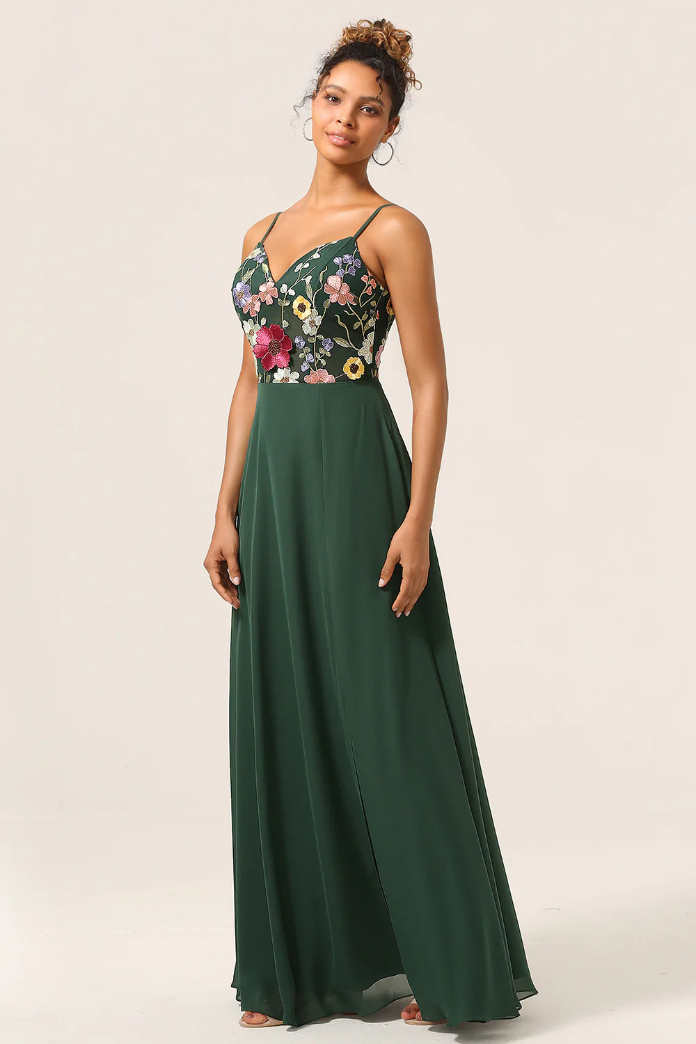Deep green A-line slim shoulder chiffon bridesmaid dress with 3D flowers