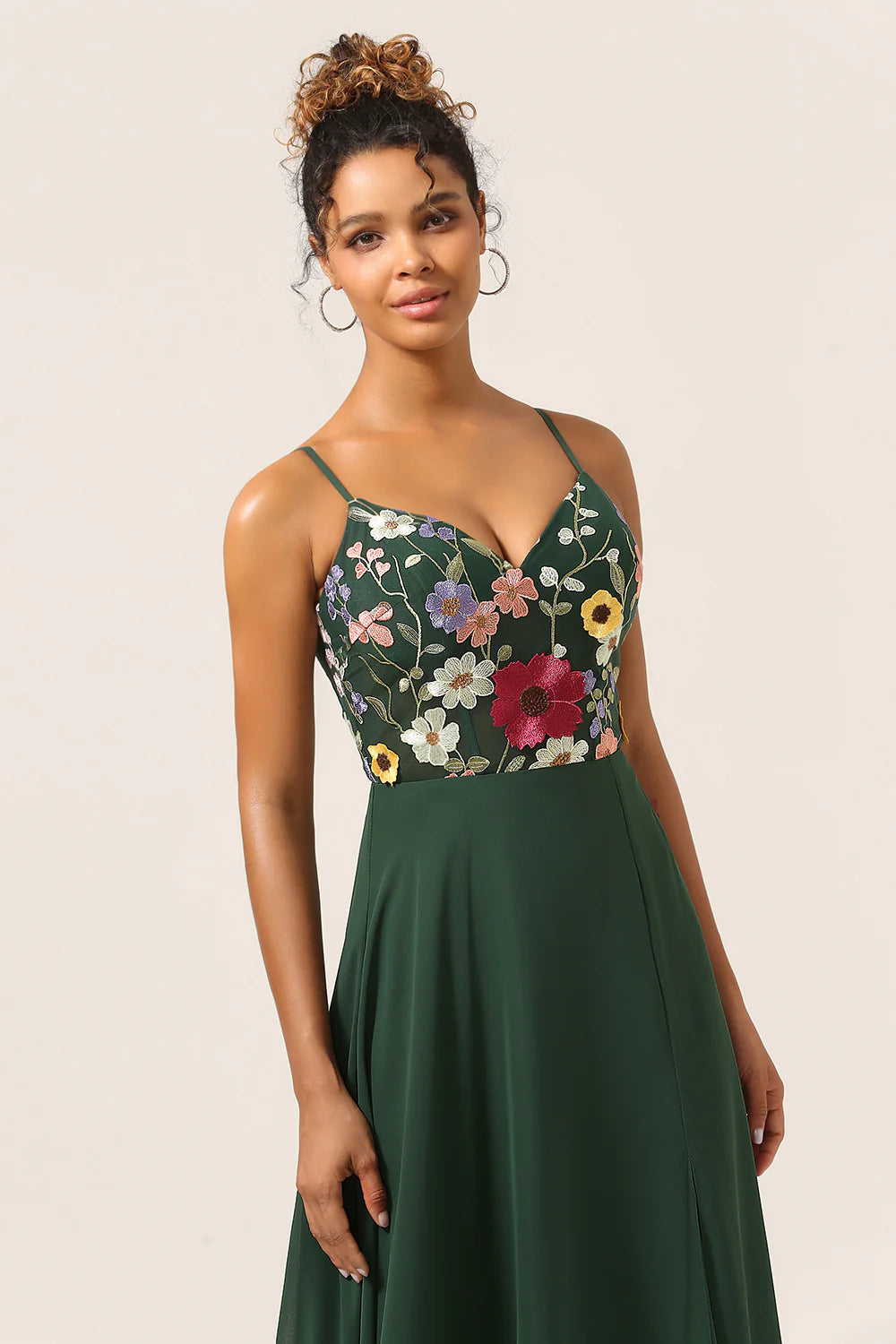Deep green A-line slim shoulder chiffon bridesmaid dress with 3D flowers