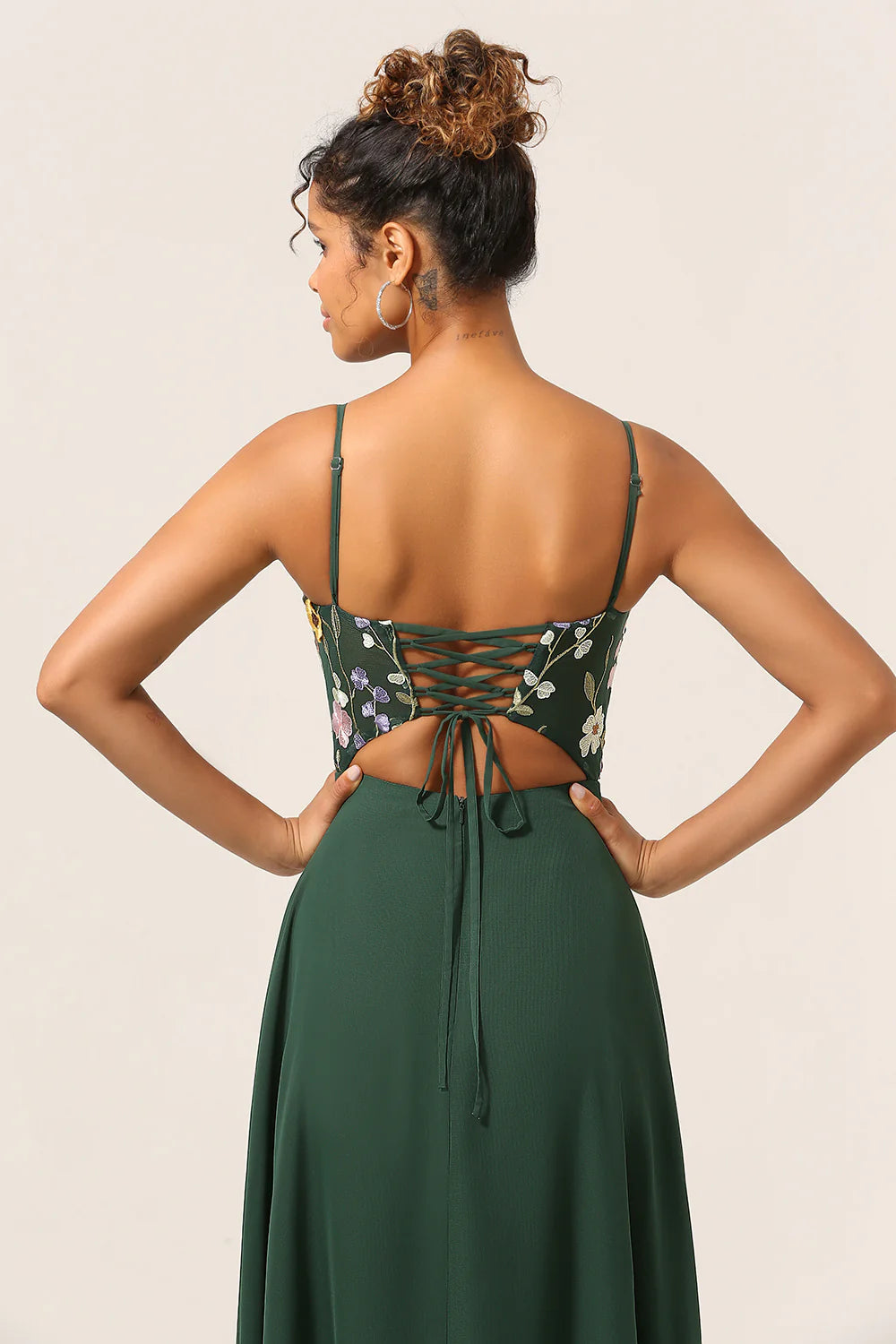Deep green A-line slim shoulder chiffon bridesmaid dress with 3D flowers