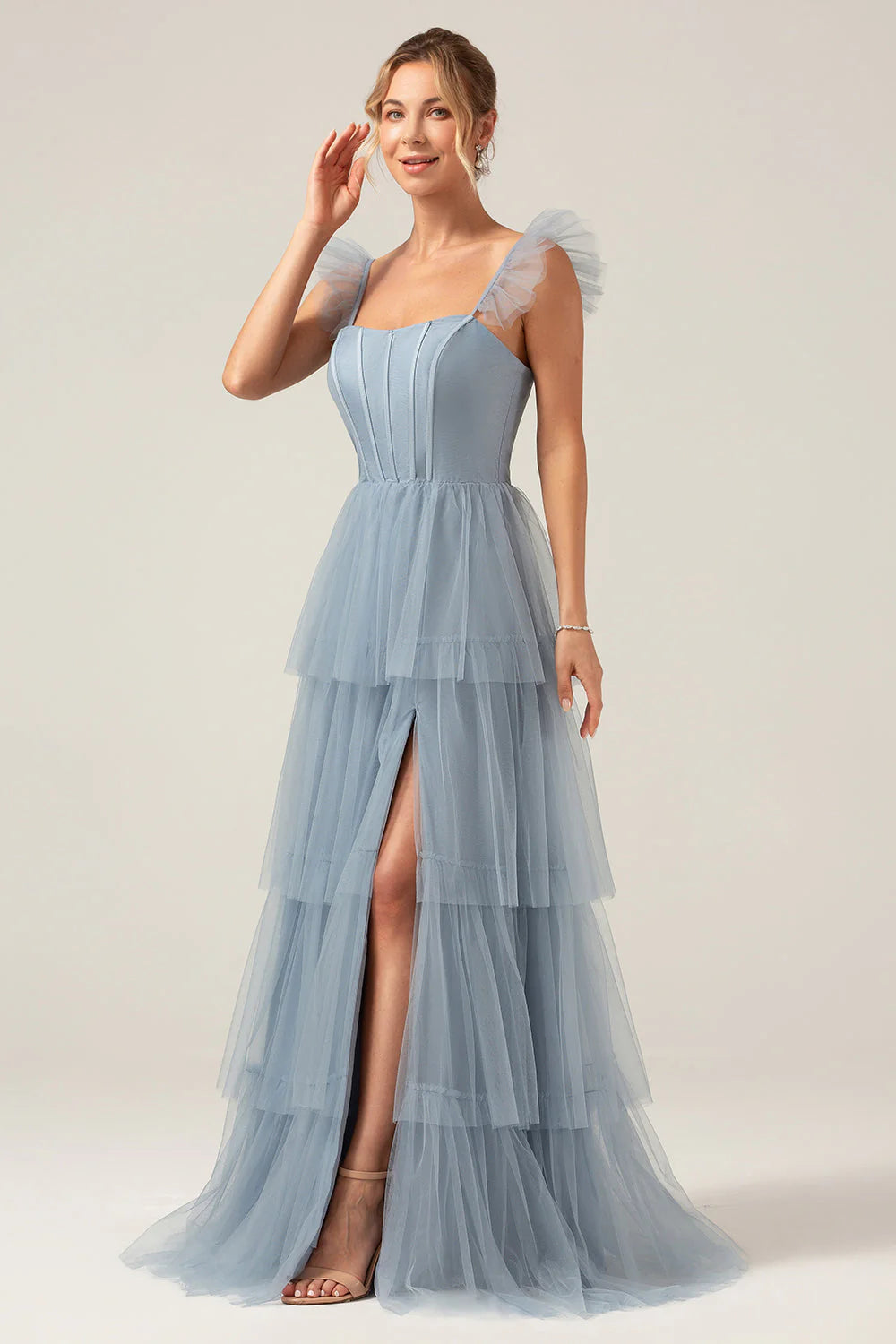 Eucalyptus A Line Spaghetti Straps Floor Length Tulle Bridesmaid Dress