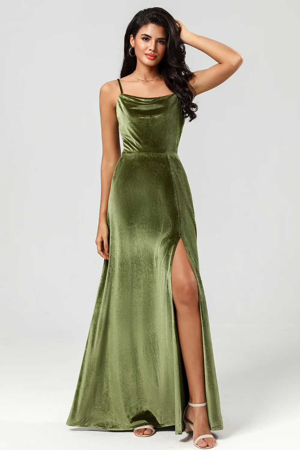 Fine suspender velvet bridesmaid dress with floor mopping and slit