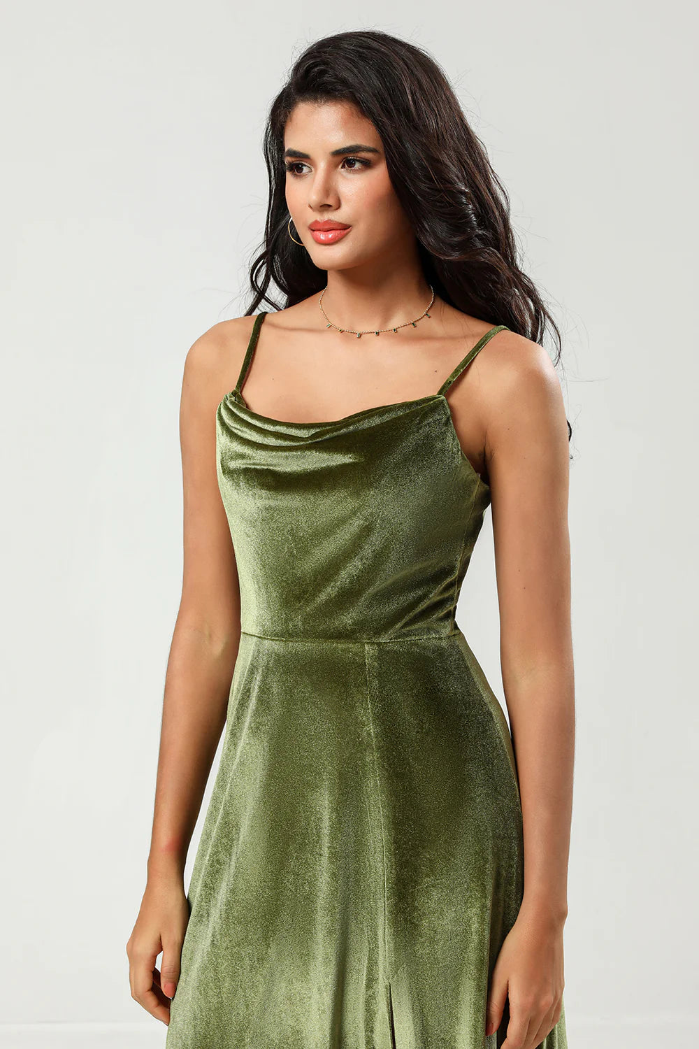 Fine suspender velvet bridesmaid dress with floor mopping and slit