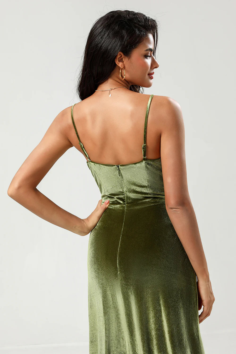 Fine suspender velvet bridesmaid dress with floor mopping and slit