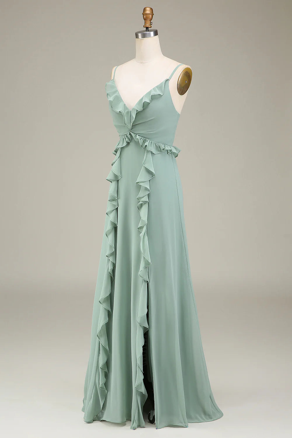Matcha Spaghetti Straps Chiffon Bohemian Bridesmaid Dress With Ruffle Slit