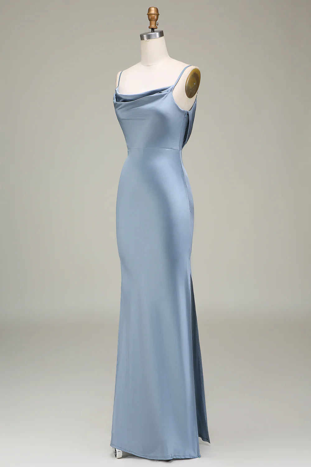 Dusty Blue Sheath Spaghetti Straps Long Satin Bridesmaid Dress