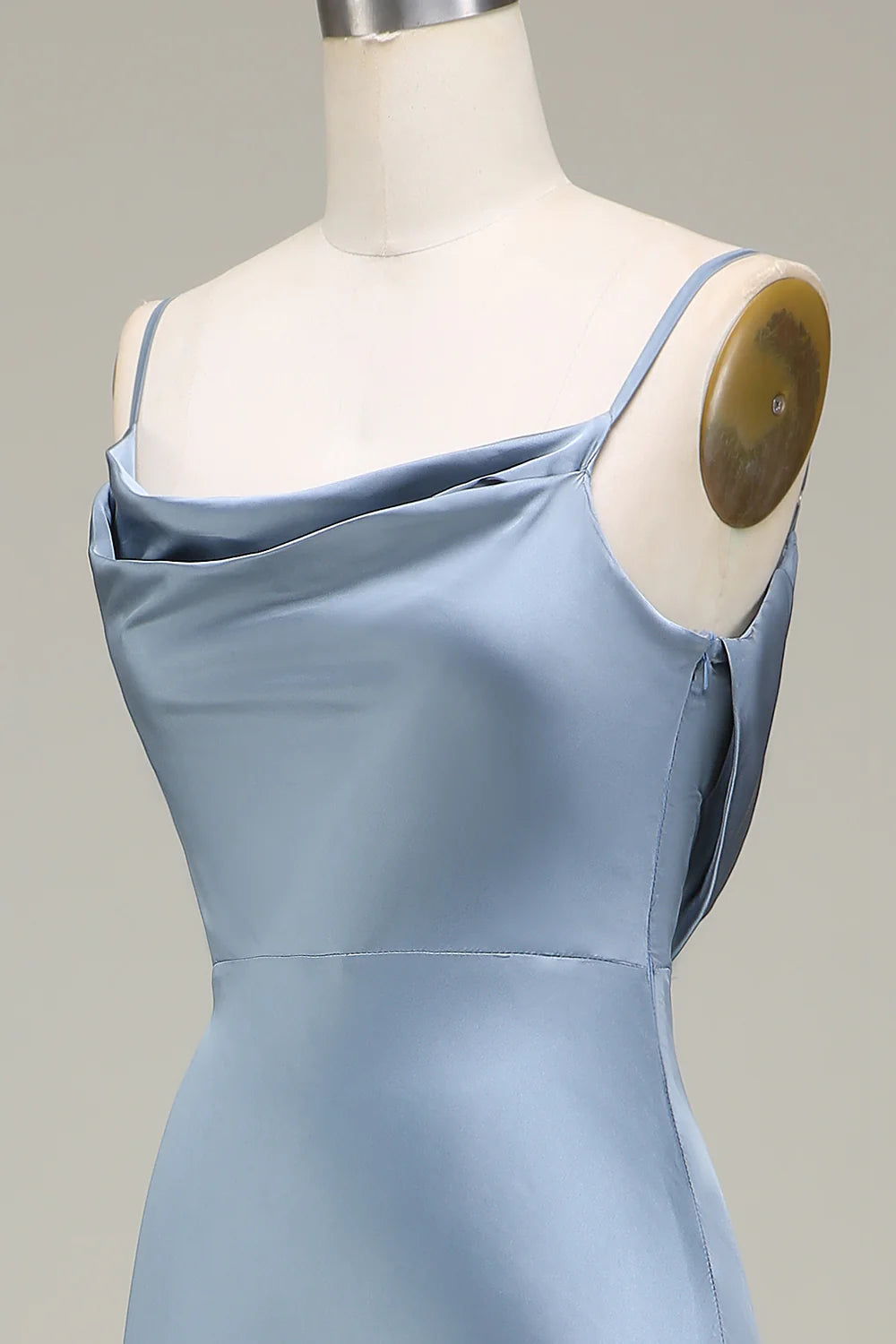 Dusty Blue Sheath Spaghetti Straps Long Satin Bridesmaid Dress