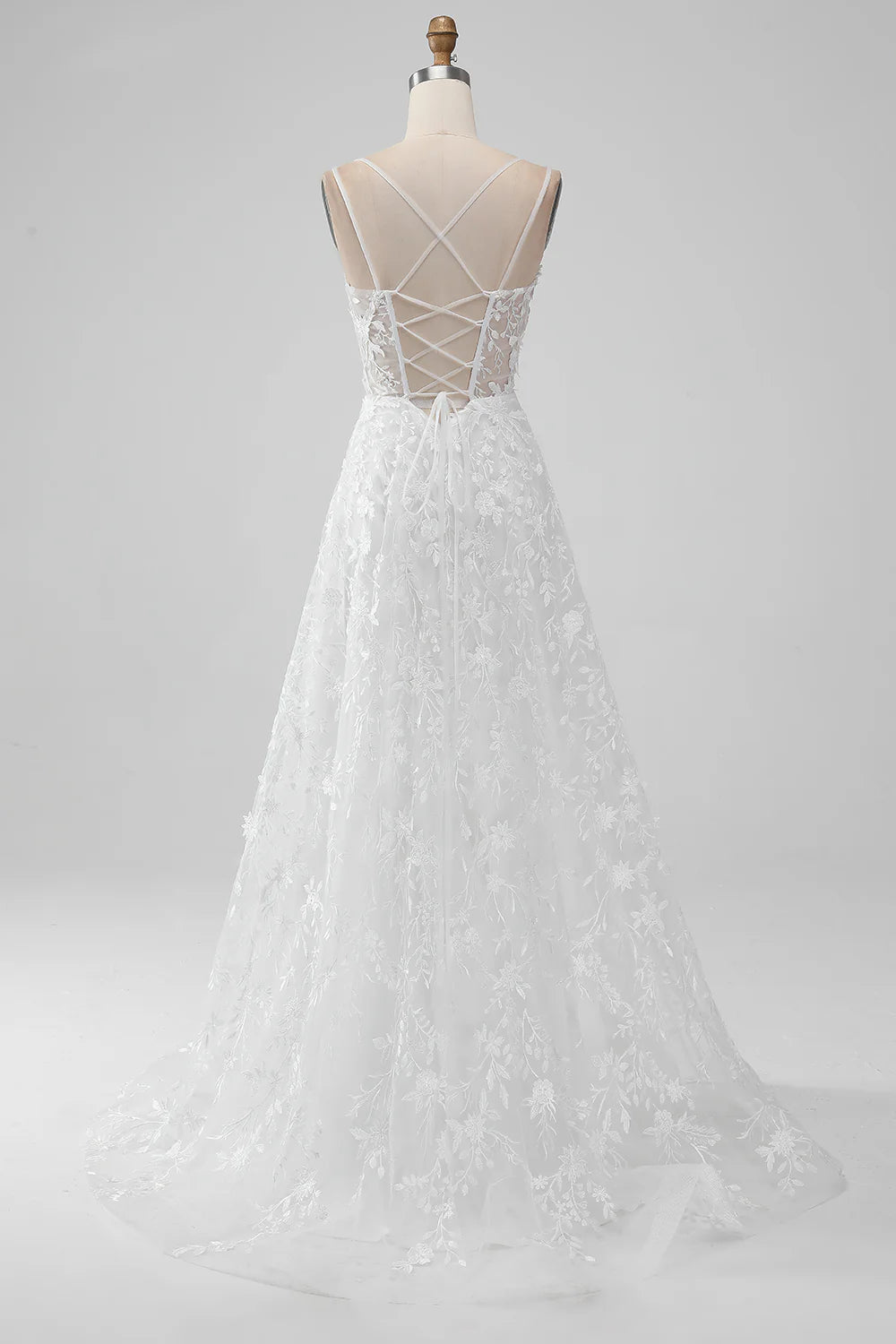 A-line thin suspender front slit chiffon embroidered wedding dress