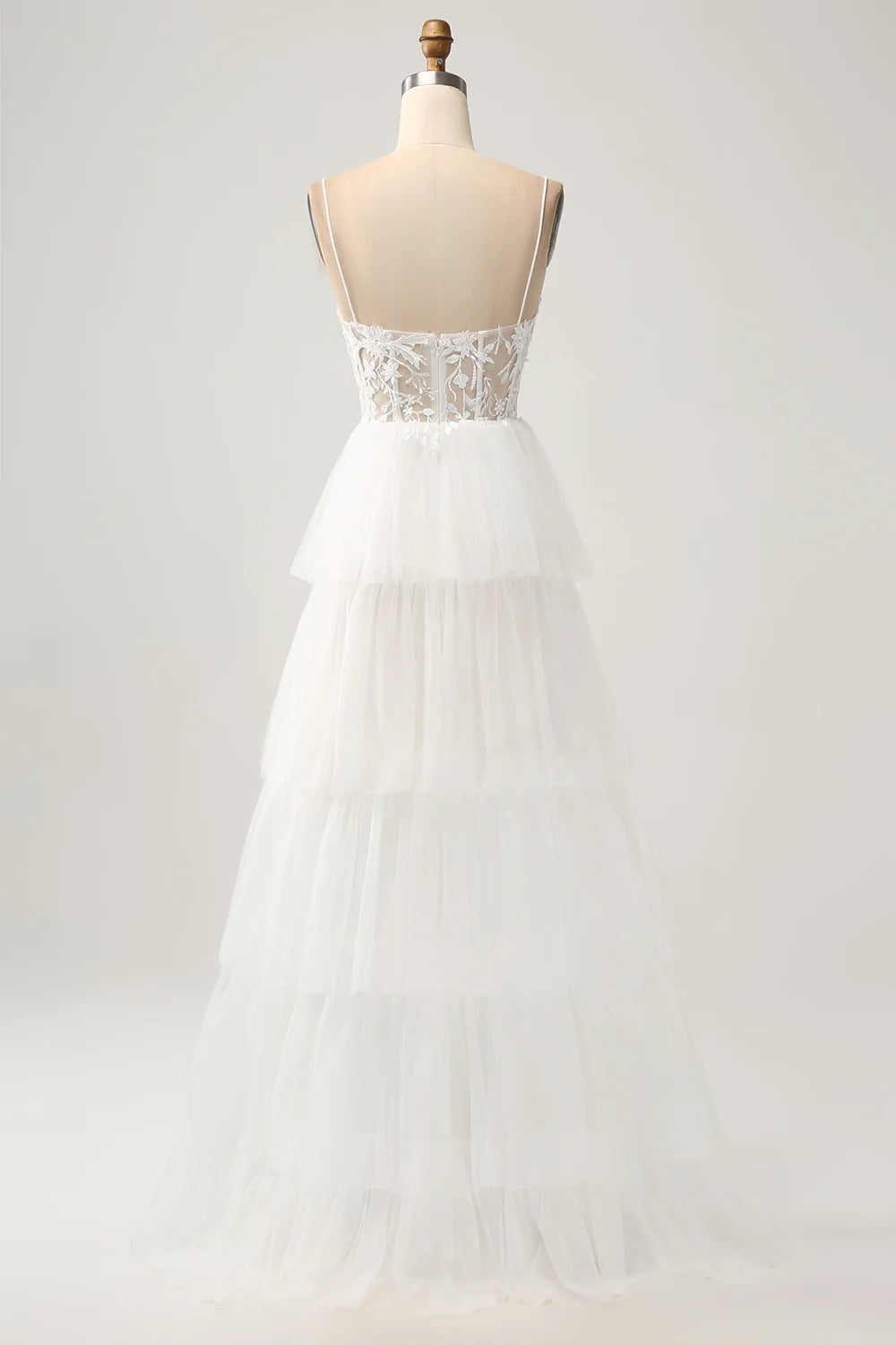 A-line thin suspender sheer tight corset with decal layered wedding dress