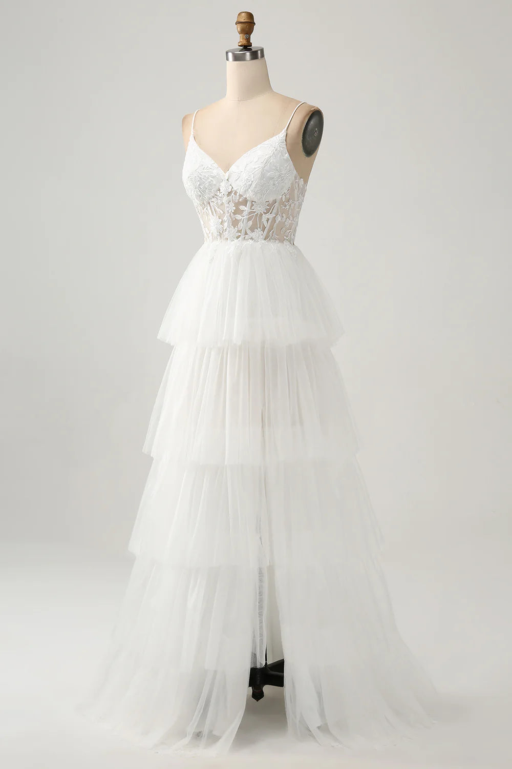 A-line thin suspender sheer tight corset with decal layered wedding dress