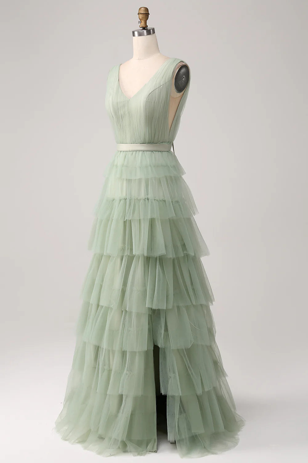 A-line V-neck backless layered floor length chiffon long dress with slit