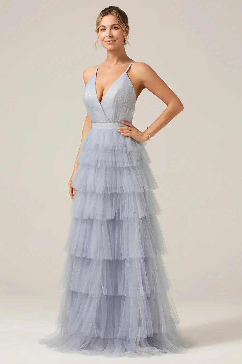 A-line thin shoulder strap backless layered long sheer dress