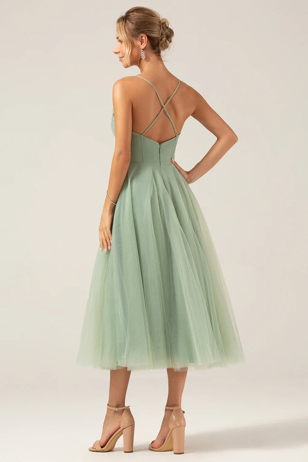 A-line thin shoulder strap backless tight corset sheer bridesmaid dress