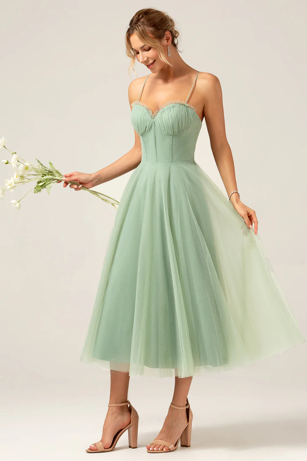 A-line thin shoulder strap backless tight corset sheer bridesmaid dress