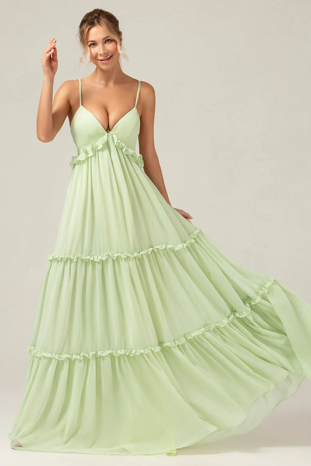 A-Line Spaghetti Straps Backless Long Green Bridesmaid Dress With Ruffles