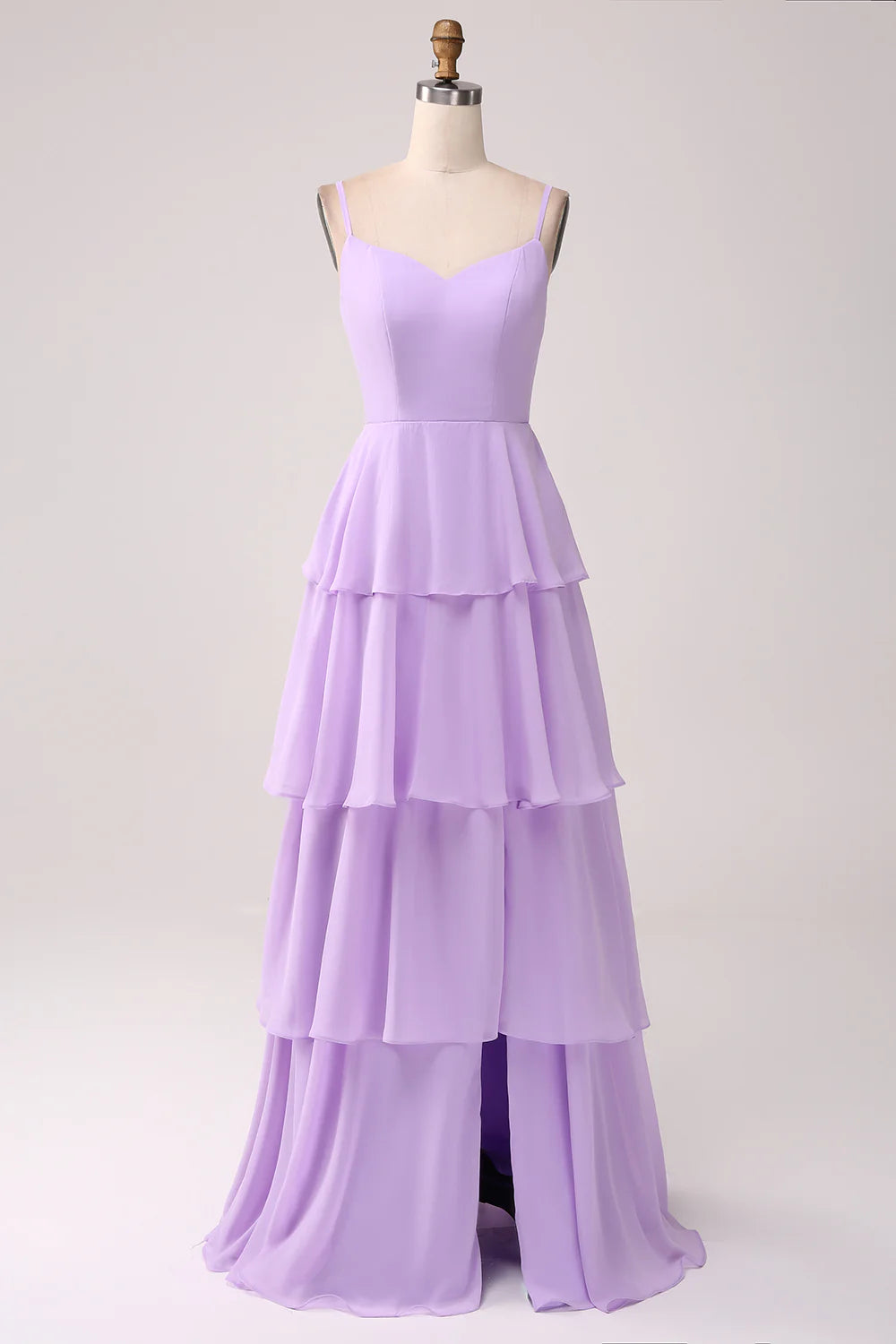 Lilac A-line thin suspender layered floor mopping bridesmaid dress with slit