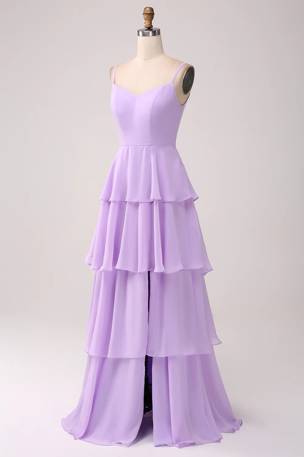 Lilac A-line thin suspender layered floor mopping bridesmaid dress with slit