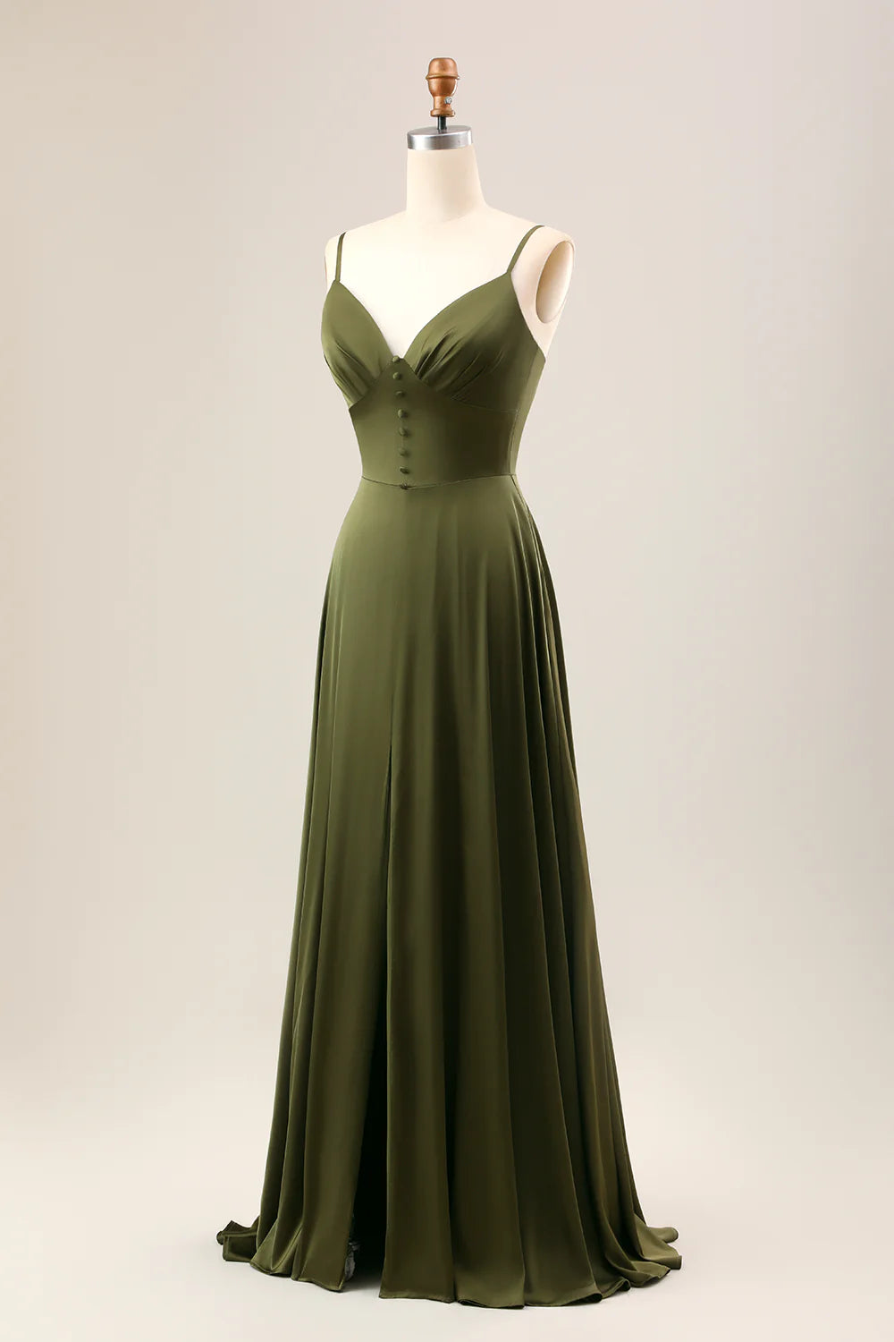 A-Line Spaghetti Straps Long Olive Bridesmaid Dress With Slit