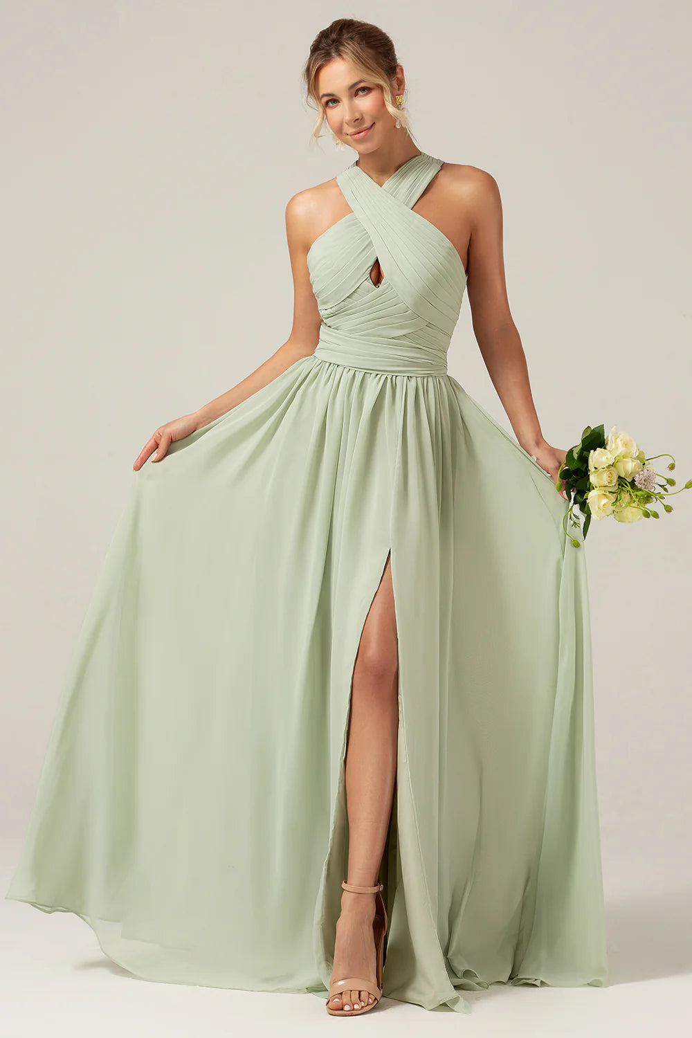 A-line camisole pleated long bridesmaid dress