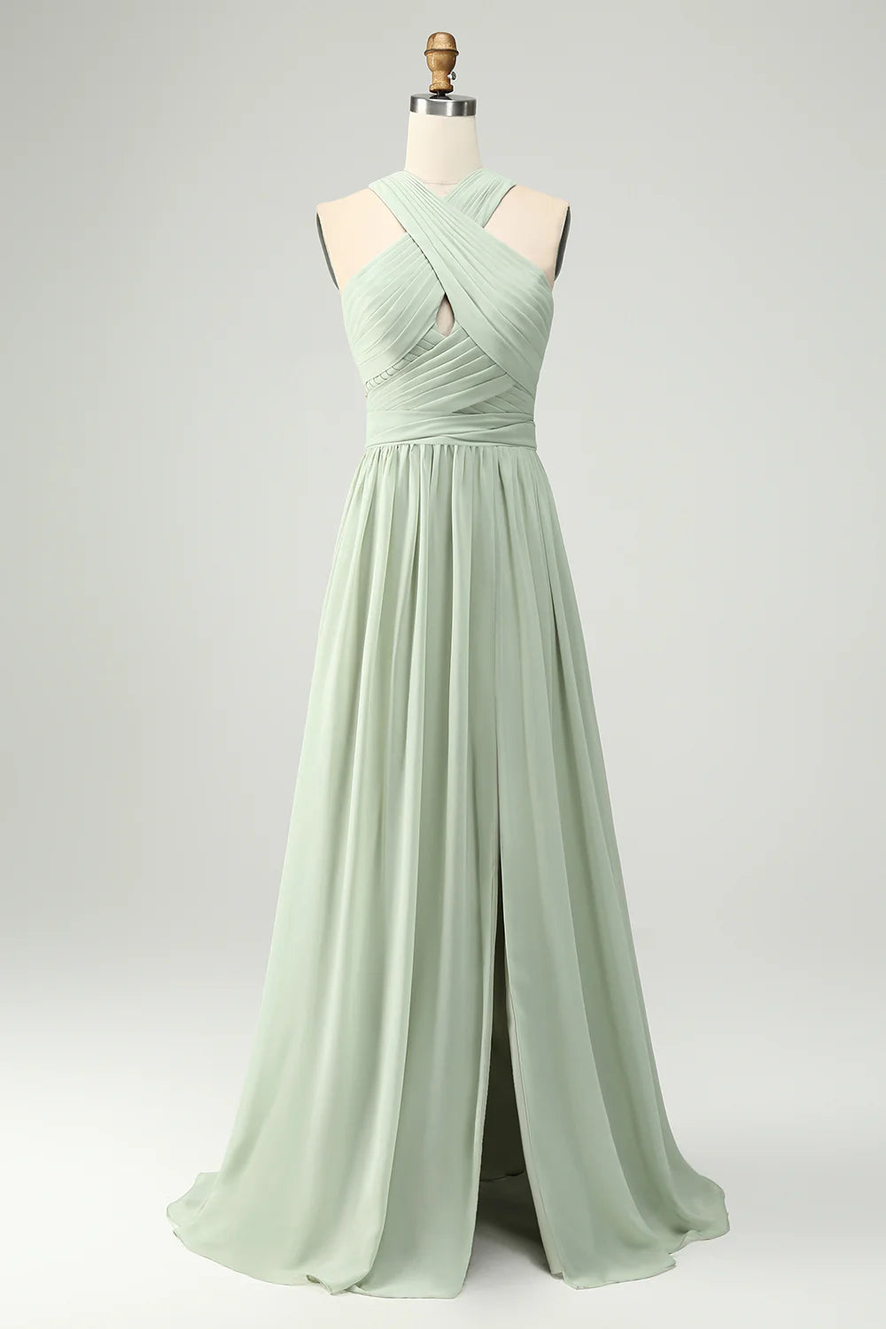 A-line camisole pleated long bridesmaid dress with slit