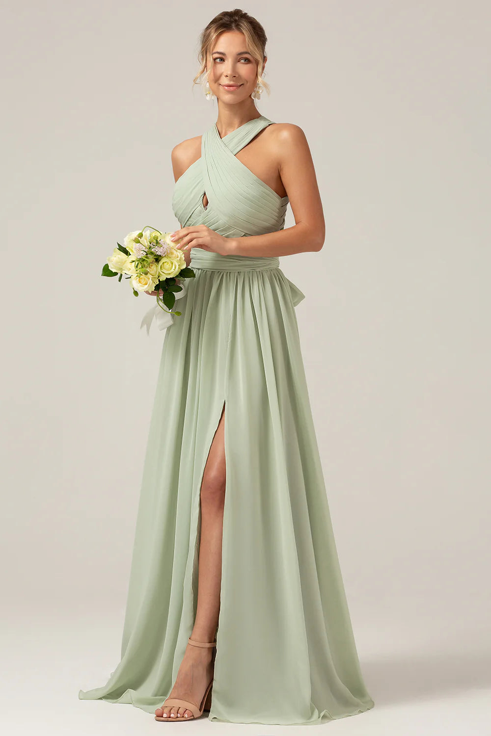 A-line camisole pleated long bridesmaid dress