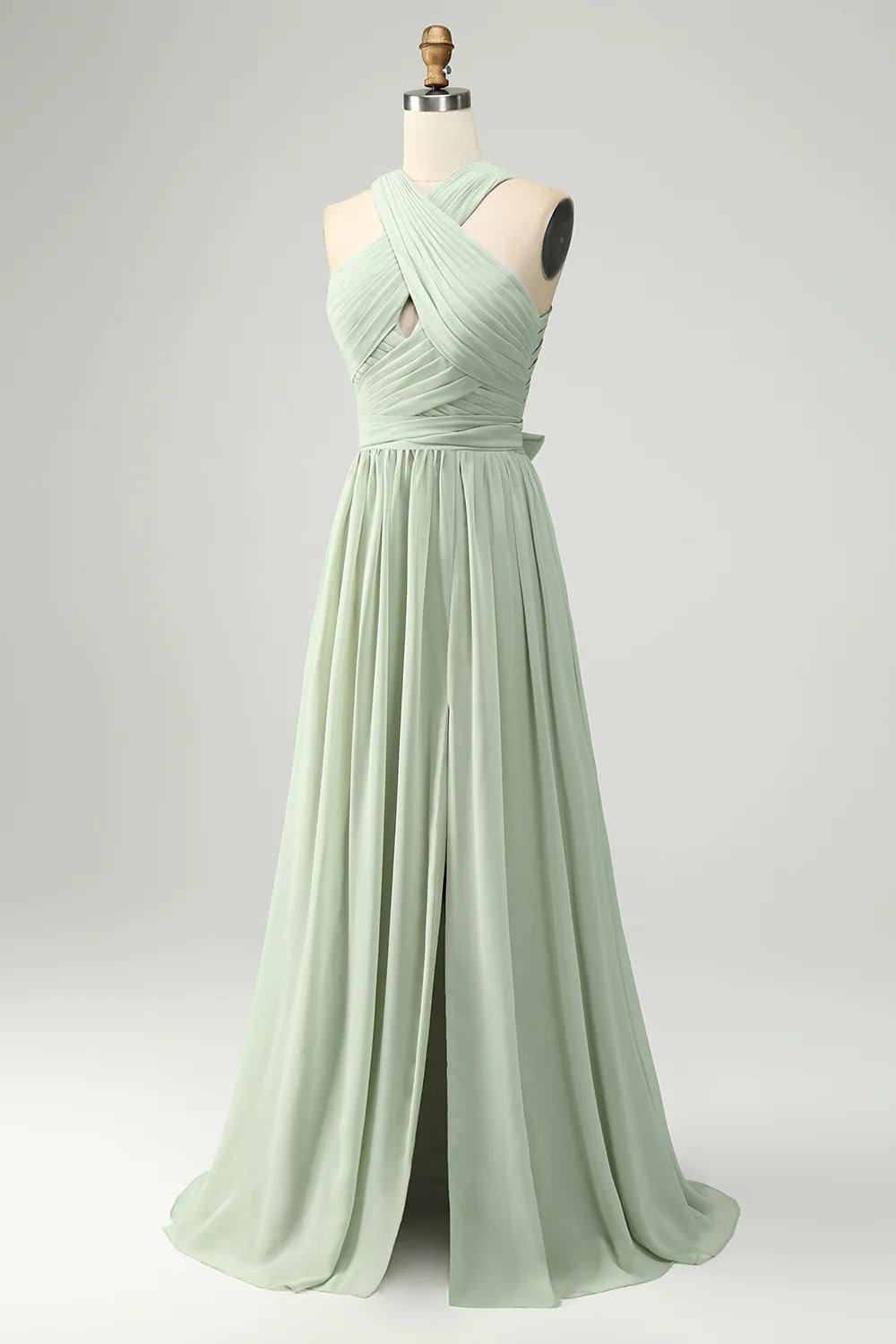 A-line camisole pleated long bridesmaid dress with slit