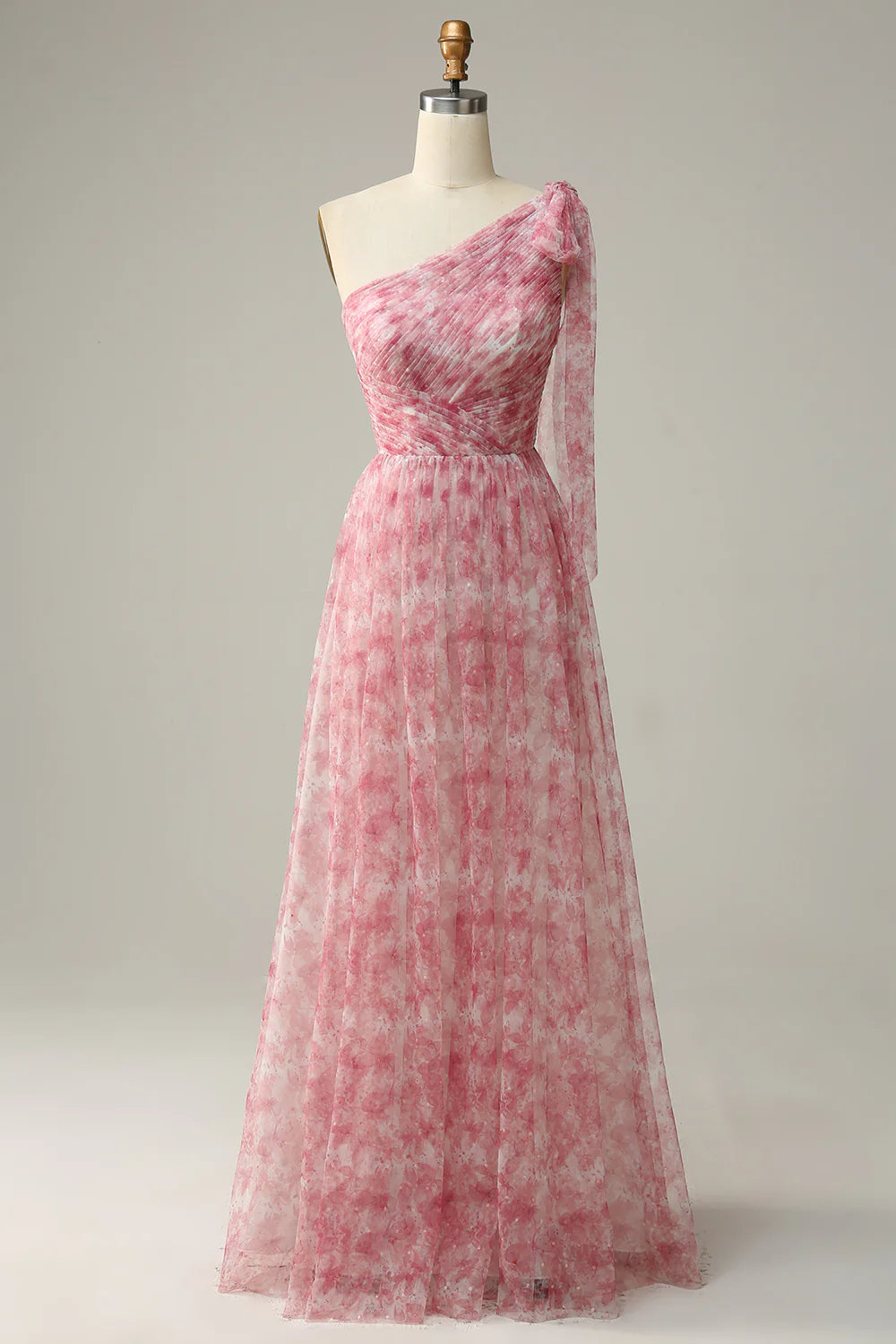 A-line single shoulder floor printed chiffon bridesmaid dress