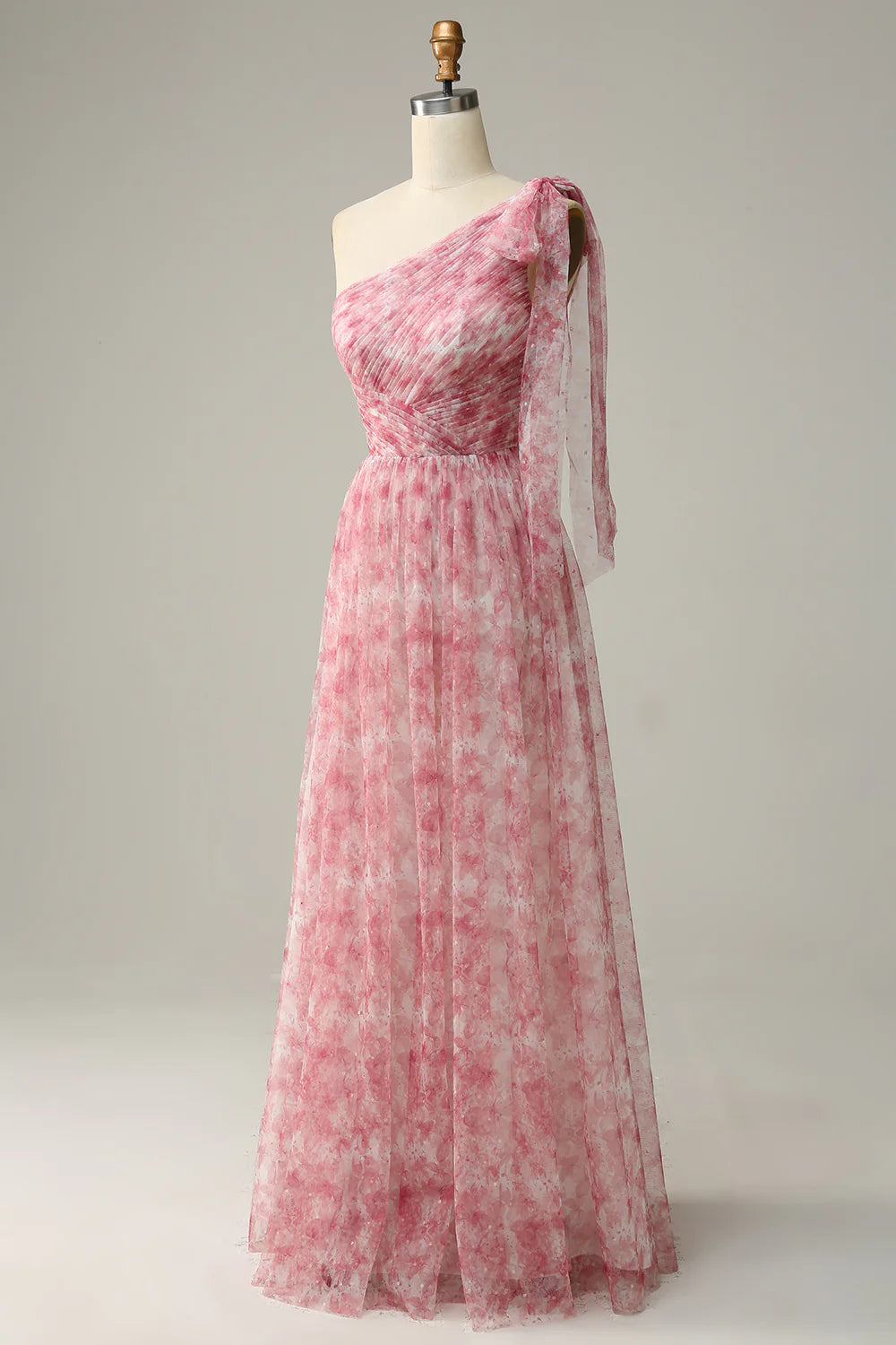 A-line single shoulder floor printed chiffon bridesmaid dress