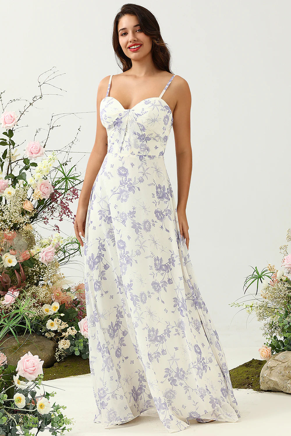 A-line slim shoulder chiffon floor mopping bridesmaid dress
