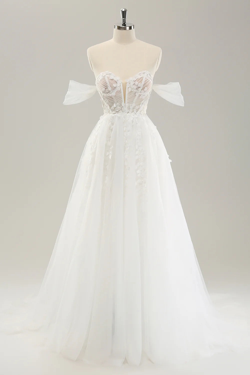 Princess White A-Line Off The Shoulder Corset Wedding Dress with Appliques Lace