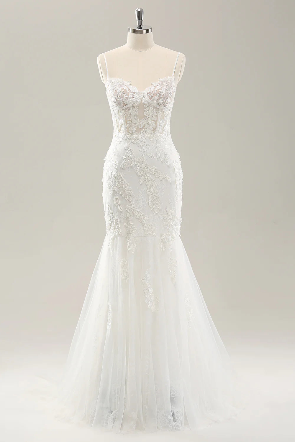 White Mermaid Corset Lace Up Back Wedding Dress with Appliques Lace
