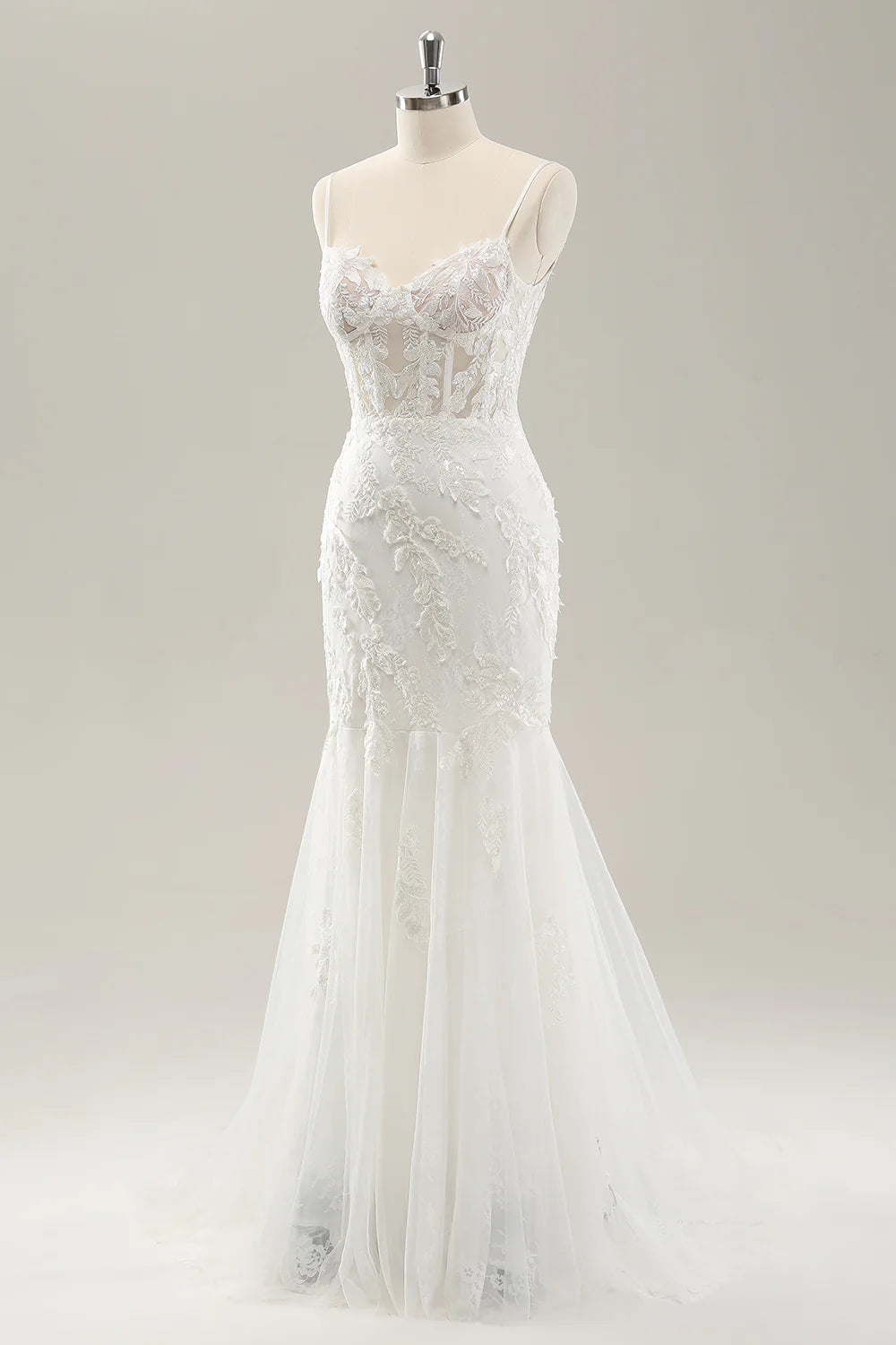 White Mermaid Corset Lace Up Back Wedding Dress with Appliques Lace