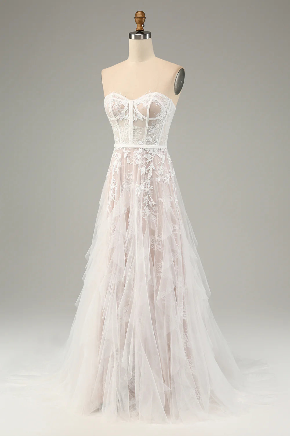 A-Line Sweetheart Corset Long White Wedding Dress with Appliques Lace