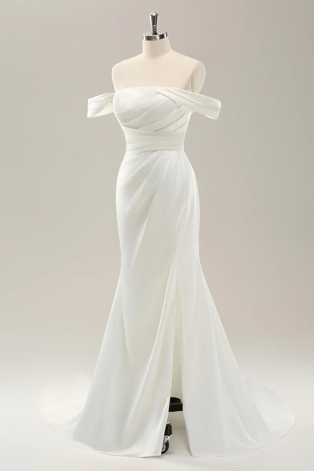 Mermaid Off The Shoulder Pleated Sweep Train Wedding Dress with Slit