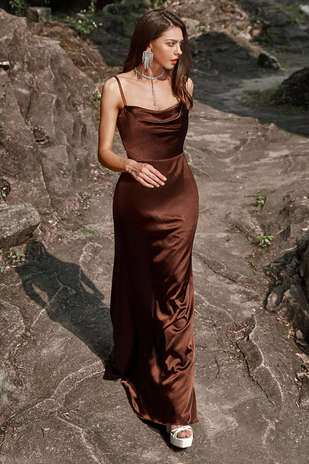 Mermaid lace up coffee satin bridesmaid dress