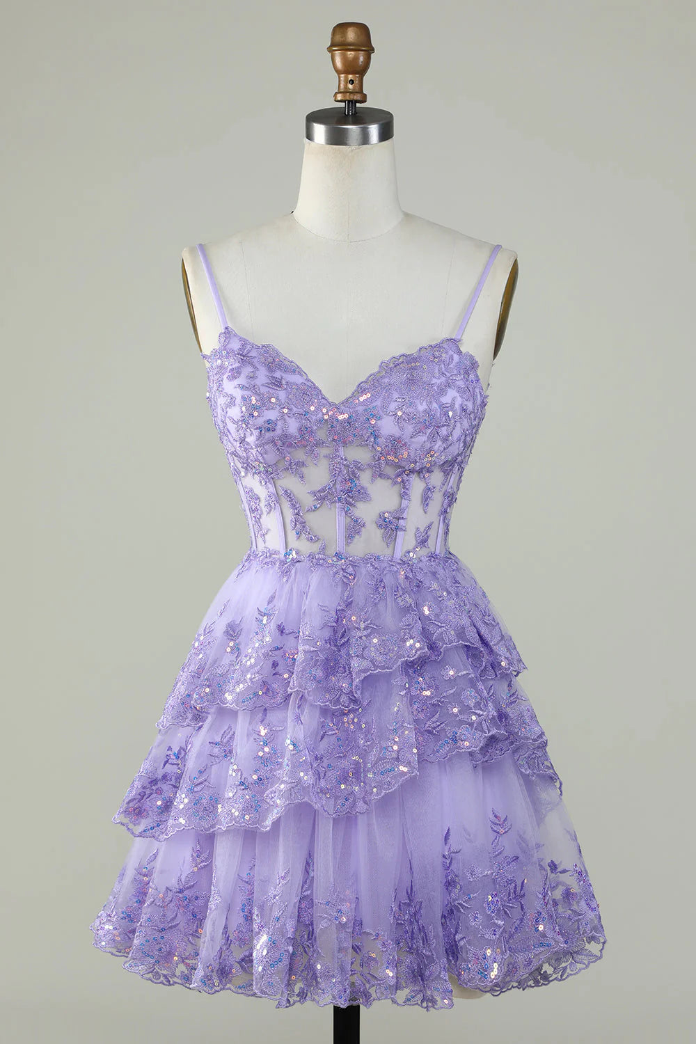 Thin suspender A-line sequined layered tight corset short skirt