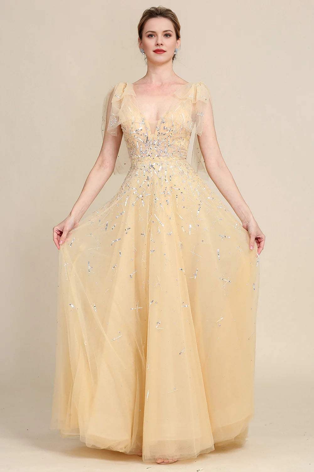 Yellow A Line Beading Sparkly Mother Of Bride Dress