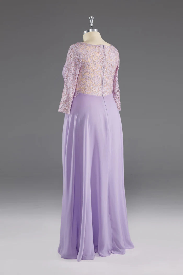 Lilac A-Line 3/4 Sleeves Scoop Lace Prom Dress