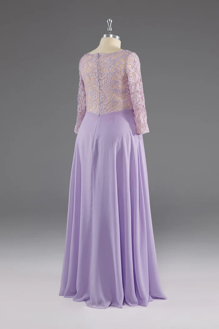 Lilac A-Line 3/4 Sleeves Scoop Lace Prom Dress