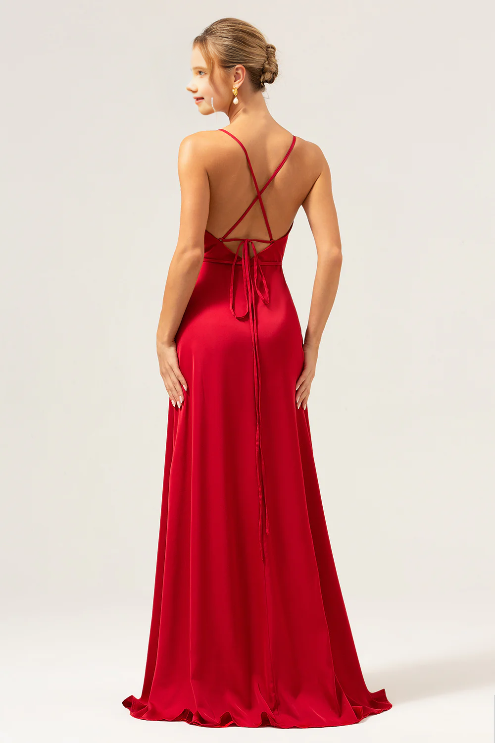 A-line high neck long satin bridesmaid dress with exposed shoulder straps and split ends