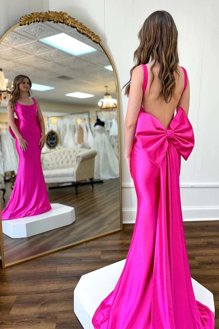Fitted Satin Backless Prom Dress with Bow