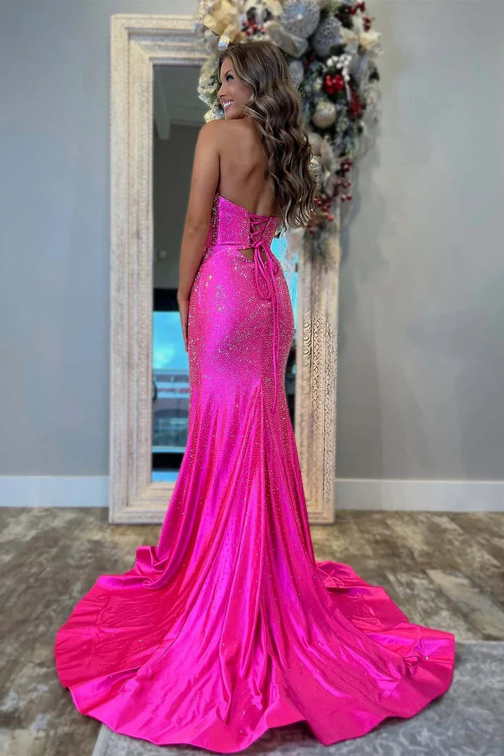 Strapless slim fit ball gown with side slit and diamond sticker