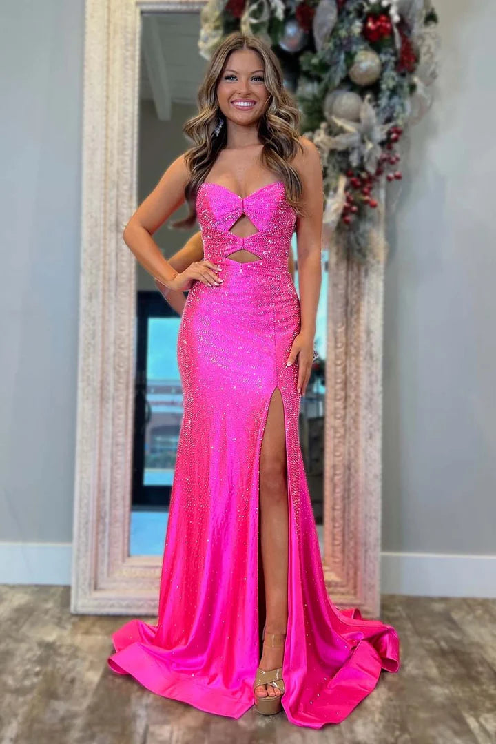 Strapless slim fit ball gown with side slit and diamond sticker