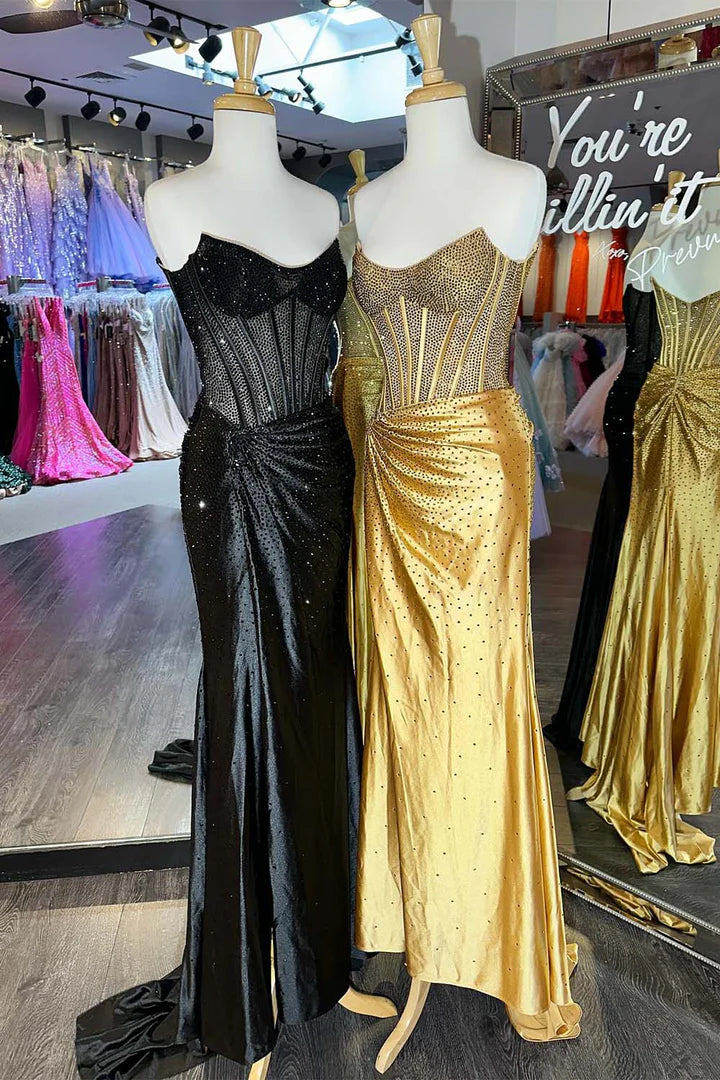 Strapless tight corset with beaded side slit long skirt