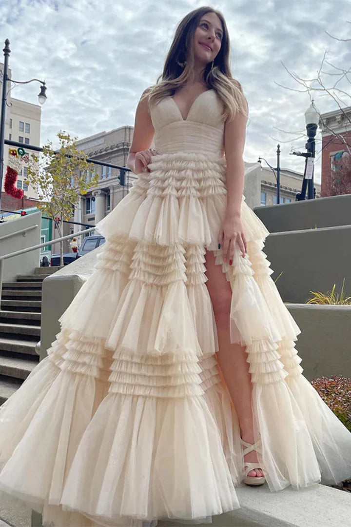 Deep V-slim camisole waist cinching cake skirt long skirt with side slit
