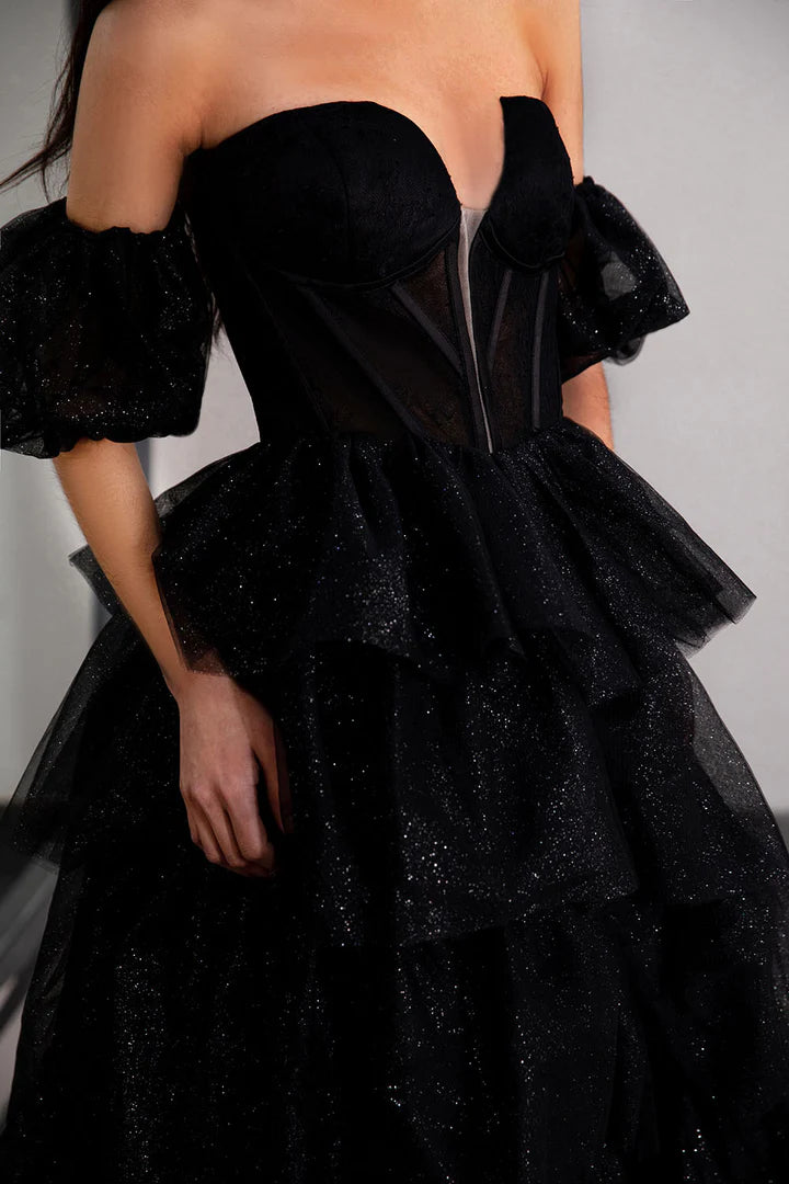 Black layered deep v sleeveless backless cake dress, ball dress