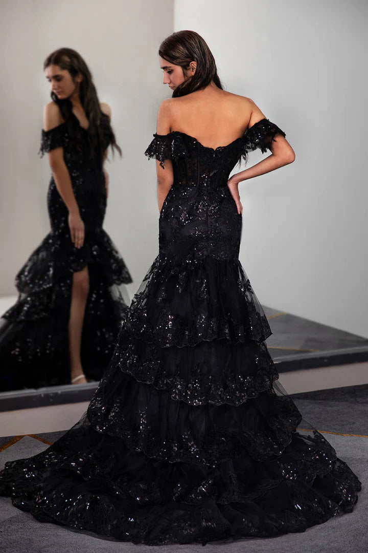 Deep V-bone corset black slit ball gown with ruffled sequins