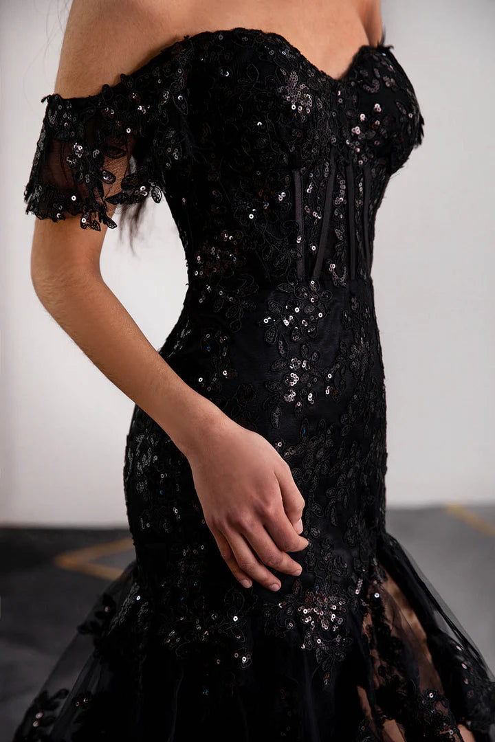Deep V-bone corset black slit ball gown with ruffled sequins